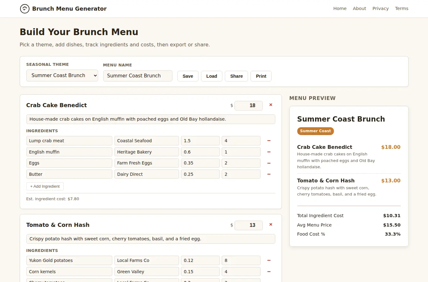 Screenshot of Creative Brunch Menu Generator interface showing the project page in use